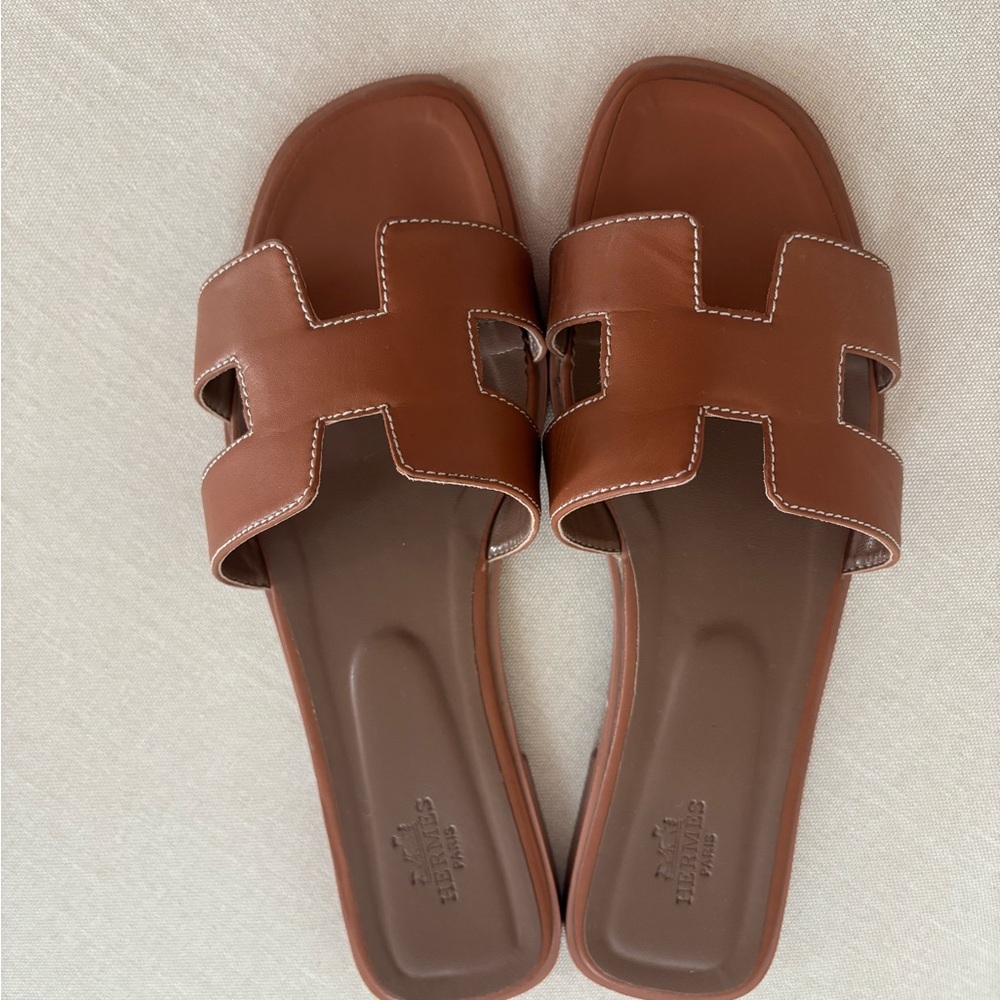 Hermes Brown Leather Sandals H-Shaped Design